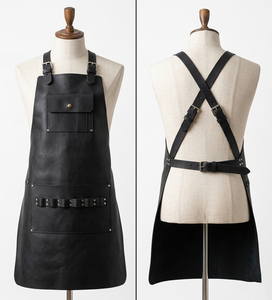 Heavy Duty 340 GSM Polyester Cotton <b>Black</b> Barber <b>Apron</b> Cross Strap Tool Pocket Custom Print Logo Leather Barber <b>Apron</b> - Product Image 3