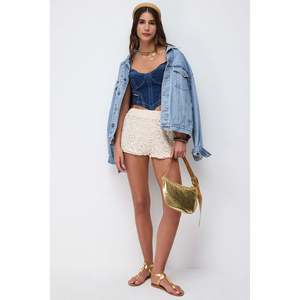 Casual Mini <b>Lace</b> Knitted Shorts with Hot Pattern <b>Elastic</b> Waist Closure Skinny Fit and Spandex/Polyester Material - Product Image 3