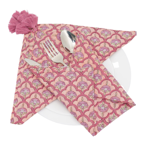 ผ้าเช็ดปากทำจากผ้าฝ้ายแท้สำหรับตกแต่งโต๊ะสีชมพูองุ่นและลูกแพร์สีเขียว100% พิมพ์ลายบล็อกสี่เหลี่ยมแบบทันสมัยทำด้วยมือของอินเดีย - Product Image 1