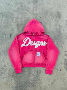 Haute qualité français éponge à capuche hommes femmes fermeture éclair 100% coton en détresse broderie Patch strass cristal recadrée sweats à capuche - Product Image 2