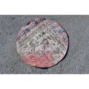 Tapis turc vintage de 2,3 pieds x 2,3 pieds, rouge, bleu, patchwork, laine, technique de tissage plat en latex pour les décorations de salon - Product Image 4