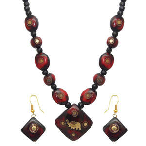 Conjunto de collar con diseño de elefante antiguo, cuentas Rojas, joyería de moda 1106601E - Product Image 1