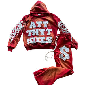 Survêtement évasé en éponge française surdimensionné pantalon de survêtement délavé à l'acide ensembles à capuche grande taille Streetwear avec applique brodée - Product Image 1