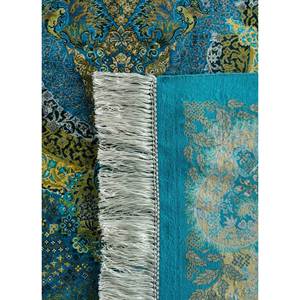 Tapis en soie noué à la main Gulmarg, motif bleu médaillon, pour la maison, rectangulaire 9x12 pouces, design patchwork pour la décoration du salon - Product Image 5