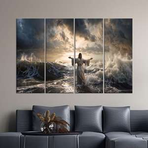 ภาพพิมพ์บนผ้าใบพระเยซูเดินบนน้ำ ศิลปะตกแต่งผนังเชิงจิตวิญญาณ ชุดผ้าใบ 4 ชิ้น - Product Image 1