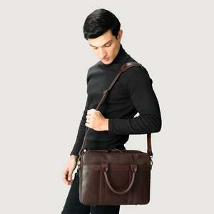 Porte-documents vintage en cuir véritable marron grande taille, sac souple The Captain avec fermeture éclair, étanche, style messager pour le bureau et le travail - Product Image 5