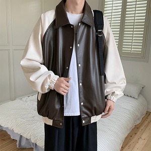 Chaqueta americana de tendencia de otoño para hombre, abrigo de cuero de empalme alto, tela de lana, colores contrastantes, Tops de solapa sueltos informales, piel para hombre y mujer - Product Image 6