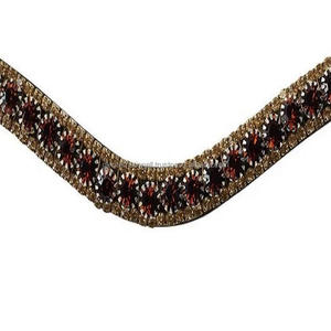 Exclusif fait à la main à 3 rangées de cristaux dorés et bruns Bling Black English Leather Horse Brow Band dans toutes les tailles et couleurs personnalisées - Product Image 1