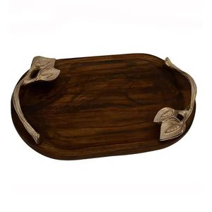 Plateau moderne en bois doré avec poignée en métal fantaisie, plateau de service décoratif unique fait main - Product Image 6