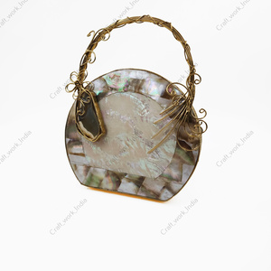 Handcrafted Round Mother of <b>Pearl</b> Shell <b>Clutch</b> with Gold Wire Handle Luxury Evening Bridal Party Statement Bag for Women Gifts - Product Image 2