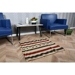 Turkish Vintage Kilim Rug 2.4x2.5 ft, <b>Red</b> Small Striped <b>Wool</b> Rug - Product Image 3