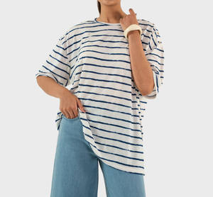 Camisetas de Verano para Mujer al por Mayor, Personalizadas, de Alta Calidad, Tela de Algodón, Camisa con Rayas Azul Marino, Fabricadas en Pakistán - Product Image 2