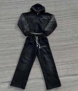 Custom Streetwear Side Zip up Rhinestone Hoodie Tracksuit <b>Jogging</b> Sweatsuit Jogger Double Waist Flared Sweatpants and Hoodie Set - Product Image 6