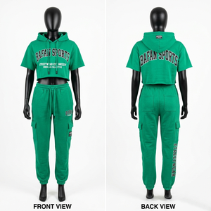 ชุดเซ็ตเสื้อครอปฮู้ดดี้พรีเมียมสำหรับผู้หญิง และกางเกงจ็อกเกอร์คาร์โก้ ผ้าคอตตอนฟลีซ 300 GSM สีเขียว พร้อมปักโลโก้ตามสั่ง ชุดสำหรับผู้หญิง - Product Image 5