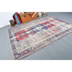 Alfombra Turca Grande de 6.8x8.7 pies, Alfombra Vintage, Alfombra a Cuadros Roja - Product Image 2