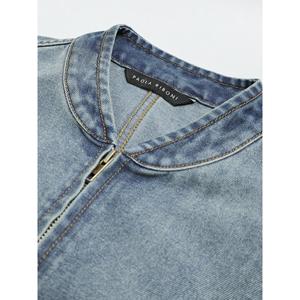 Paola Riboni Women's <b>Denim</b> Bomber <b>Jacket</b> Loose Fit Stonewashed Cotton Autumn Winter Style with Zippers - Product Image 4