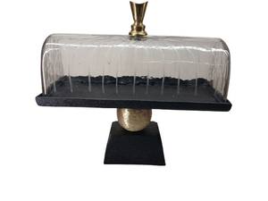 Support à gâteau en bois écologique fait à la main avec cloche en verre, support de présentation de dessert carré noir et or pour boulangerie - Product Image 2