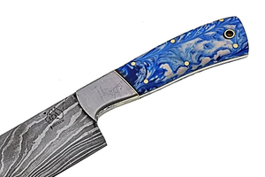 Vente flash Couteau de cuisine à lame fixe en acier Damas fait à la main Acier au carbone Trempé à l'huile 58-60 HRC Embouts en résine époxy Acier Bois - Product Image 2