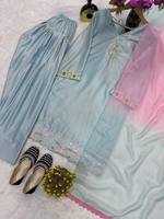 Traje de 3 Piezas TENNECY Silk Farshi Salwar Kameez, Cosido, Sin Arrugas, Elástico, Azul, Bordado, Estilo Fiesta, Boda, Diwali