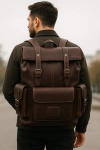 Mochila de Cuero Marrón Premium con Bolsillos Delanteros y Laterales para Uso Diario y al Aire Libre - Product Image 5