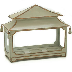 Wholesale Decorative Grey Metal Pagoda Lantern With Glass Panels And <b>Gold</b> <b>Trim</b> Tabletop Candle Holder For Indoor & Events - Product Image 1