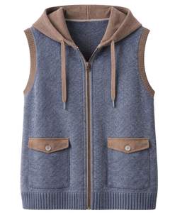 Manufacturer Custom <b>Men</b> Blue With Brown Hooded Sleeveless Knit <b>Vest</b> Wool Acrylic Blend Full Zipper Winter Casual <b>Sweater</b> Jacket - Product Image 1