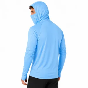 Men's <b>Light</b> <b>Blue</b> UPF 50 Hooded <b>Long</b> <b>Sleeve</b> Anti-UV Sun Protection Pullover Shirt Solid Color Polyester Fishing Wear - Product Image 3