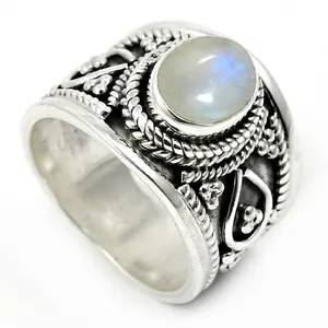 Natural Blue Fire Rainbow Moonstone 925 Sterling <b>Silver</b> Oval Stone <b>Chunky</b> <b>Ring</b> Handmade Jewelry Wholesale Price Bulk Suppliers - Product Image 1