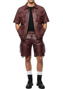 Pantalones Cortos Cargo de Cuero Genuino Color Vino Tinto para Hombre, de Primera Calidad, con Bolsillos Utilitarios, a la Moda - Product Image 4