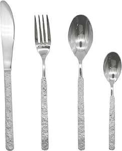 Modern Decorative Silver <b>Flatware</b> Set, 5 Pc Stainless Steel with Wooden Style Handles for Premium Dining - Product Image 3