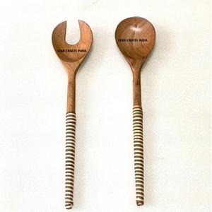 Premium Handle Design <b>Salad</b> <b>Server</b> Durable Wood <b>Salad</b> Mixing Dinner Fork & Spoon Long Handle <b>Salad</b> <b>Server</b> with Wicker Handle - Product Image 2
