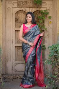 Sari en viscose rayonne géorgette soyeux, tendance et élégant, avec pièce de chemisier, motif Kubera Pattu, pallu riche, travail de broderie, traditionnel, pour les fêtes - Product Image 6