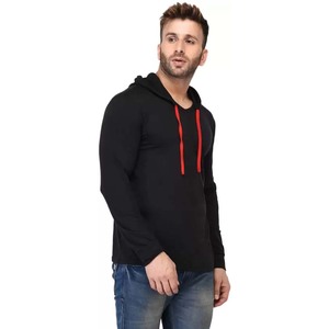 Vente en gros T-shirt à capuche élégant à manches longues en coton pour hommes T-shirt à capuche de coupe régulière à manches longues noir à capuche pour hommes - Product Image 3