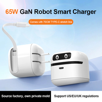 Petit chargeur rapide robotisé PD65W au nitrure de gallium avec câble rétractable, tête de charge rapide Type-C, puissance de sortie 65W, protection OTP