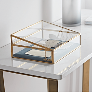 Boîte à cartes décorative de bureau, bordure en laiton doré, boîte à bijoux vintage en verre, boîte à bibelots personnalisée, boîte à bijoux de rangement, finition dorée - Product Image 6