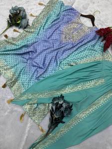 Magnifique kaftan en soie chinon pur avec ensemble dhoti, broderie, tenue de soirée, extensible et infroissable - Product Image 5