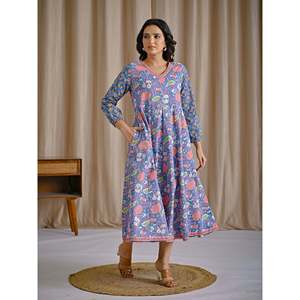 Vestido Anarkali Azul con Estampado de Algodón Hecho a Mano, Estilo Pakistaní, Salwar Saree Indio Hecho de Modal y Georgette - Product Image 5