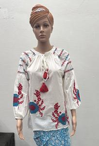 Femmes ethnique broderie à lacets à manches courtes Blouse coupe régulière popeline bébé haut décontracté tissé Style 100% coton printemps été - Product Image 2