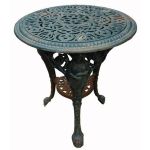 Table basse en fer de luxe de designer avec plateau rond en chêne, base ornée de dauphins, style industriel vintage, mobilier de bistrot pour restaurant en vente - Product Image 5