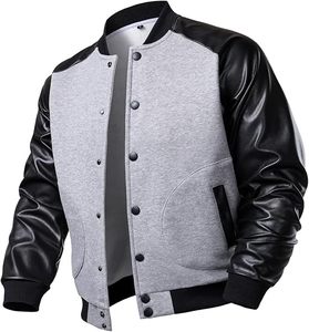 Veste universitaire classique pour adulte, bleu marine avec manches en cuir noir, bordure contrastée, col rond, vêtement d'automne - Product Image 5