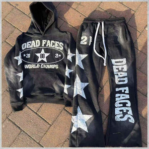 Hot Sale 2025 Lightweight Breathable 100% Cotton Winter Streetwear Distressed Print <b>Hoodie</b> & Sweatpants 2-Piece Set Tracksuit - Product Image 5