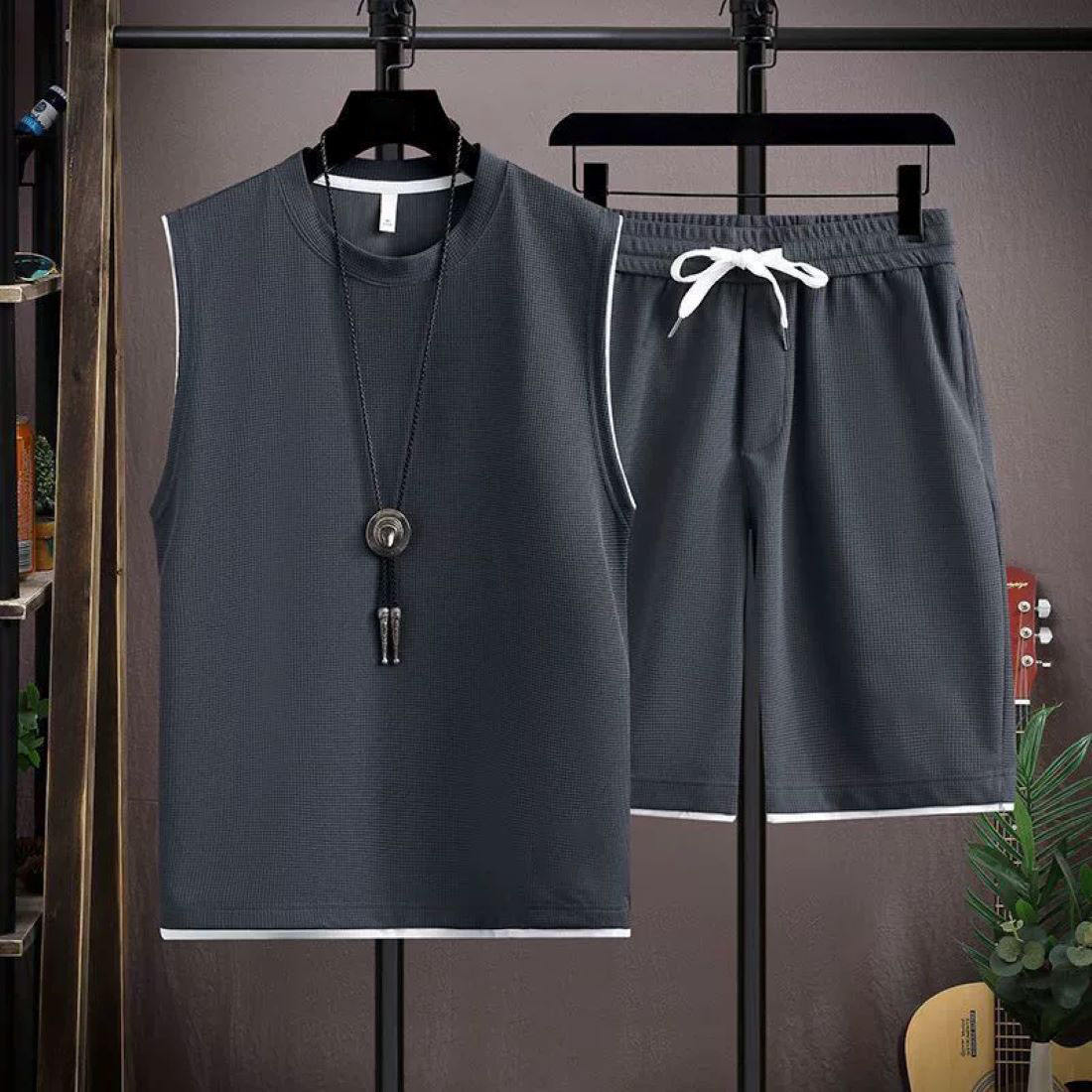 ชุดเสื้อกั๊ก E04แบบบล็อกสีสีเทาเข้ม