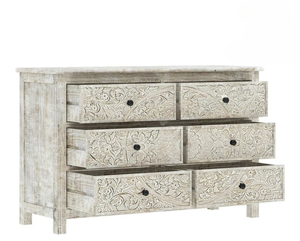 Aparador moderno hecho a mano de 6 cajones, madera maciza de teca encalada tallada, cajones de pecho, rústico, bohemio, comedor, sala de estar - Product Image 4