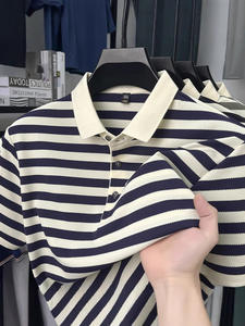 เสื้อโปโลแขนสั้นผู้ชายลำลองลายทางตัดสีใหม่ ผ้าคอตตอนหวี 100% สั่งทำขายส่งแฟชั่นยอดนิยม - Product Image 2