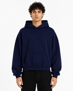 Sweat à capuche AURA surdimensionné fabriqué en Italie ODM pour hommes, tissu super confortable 350g, pour l'hiver, la maison et la rue, bleu marine avec détail poche - Product Image 1