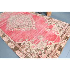 พรมตุรกีโบราณขนาดใหญ่6.5 x 12.4ft ขนแกะสีน้ำตาลชมพูแบบแอบสแตรกต์ด้านหลังเป็นยางสำหรับโถงทางเดินห้องพรมปูพื้นทรงสี่เหลี่ยมผืนผ้า - Product Image 4