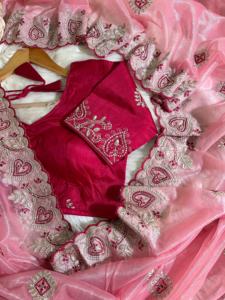 Belle tenue occasionnelle meilleur pur doux sergé net brillant tissu Sarees Blouse avec fil à broder travail exportateur mondial - Product Image 6