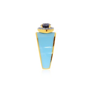 Anillo de Oro de 18K con Zafiro y Diamantes, Corte Ovalado, Zafiro Azul, Diamantes Engastados en Pavé, Banda de Esmalte Azul Claro, Anillo de Declaración para Mujer - Product Image 4