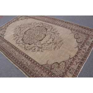 Turkish Large Rug 6x9.3 ft (184x284 cm), Vintage <b>Brown</b> Bordered <b>Wool</b> Rug - Product Image 4