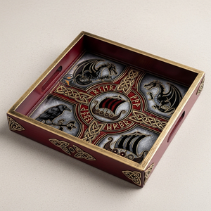 Plateau de service carré en bois Meena fait à la main, motif vagues océaniques et dauphins, art luxueux, décoratif, biodégradable, écologique, jetable - Product Image 4